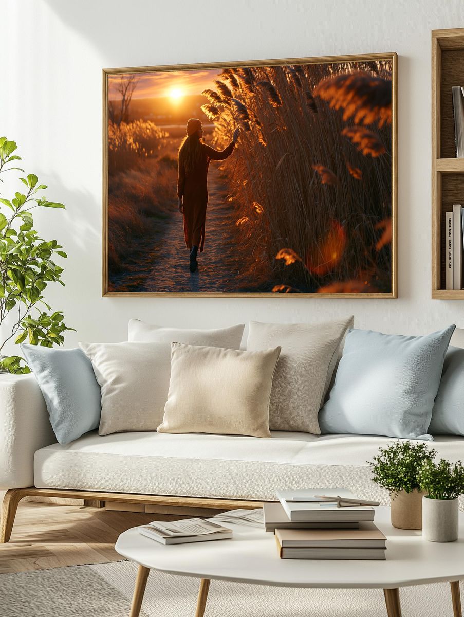 Sunset Reed Path Photography Poster. — room view 2