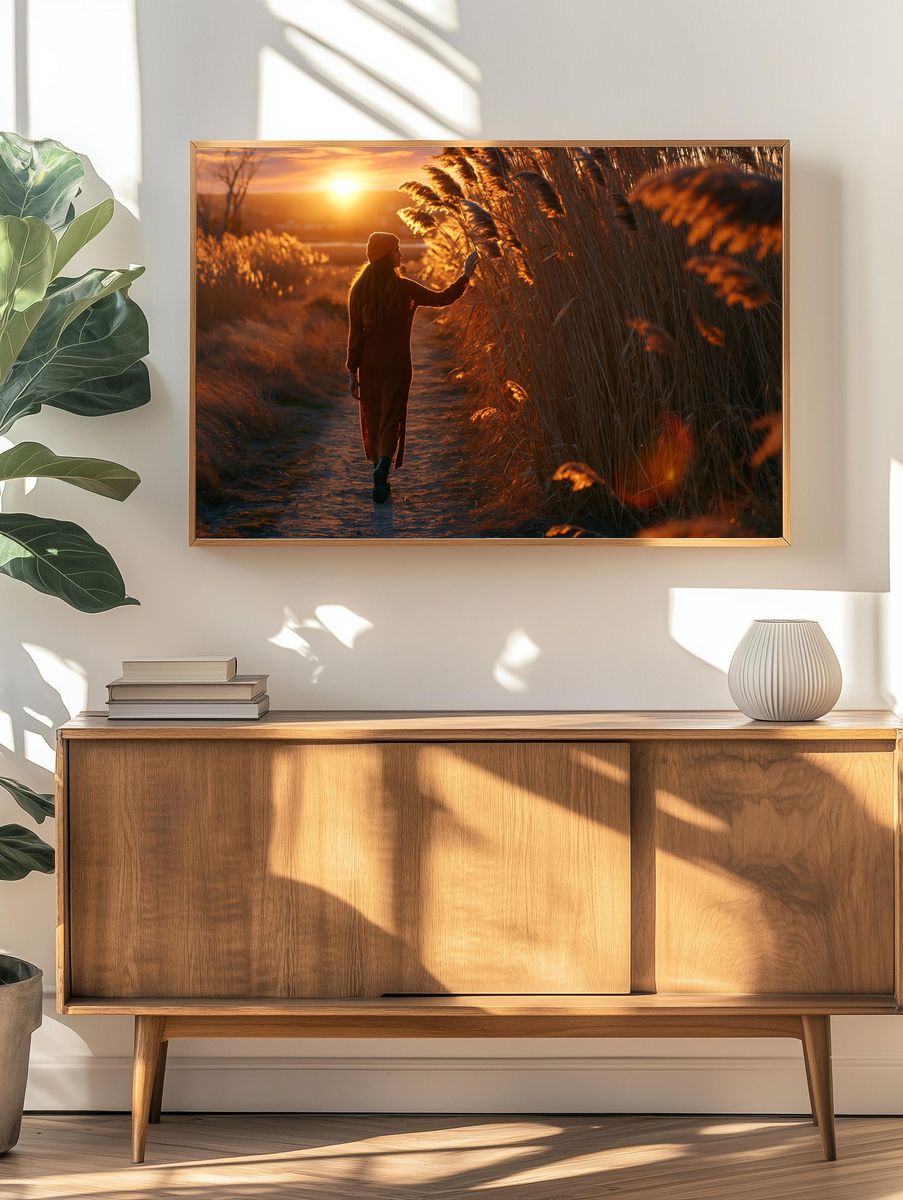 Sunset Reed Path Photography Poster. — room view 3