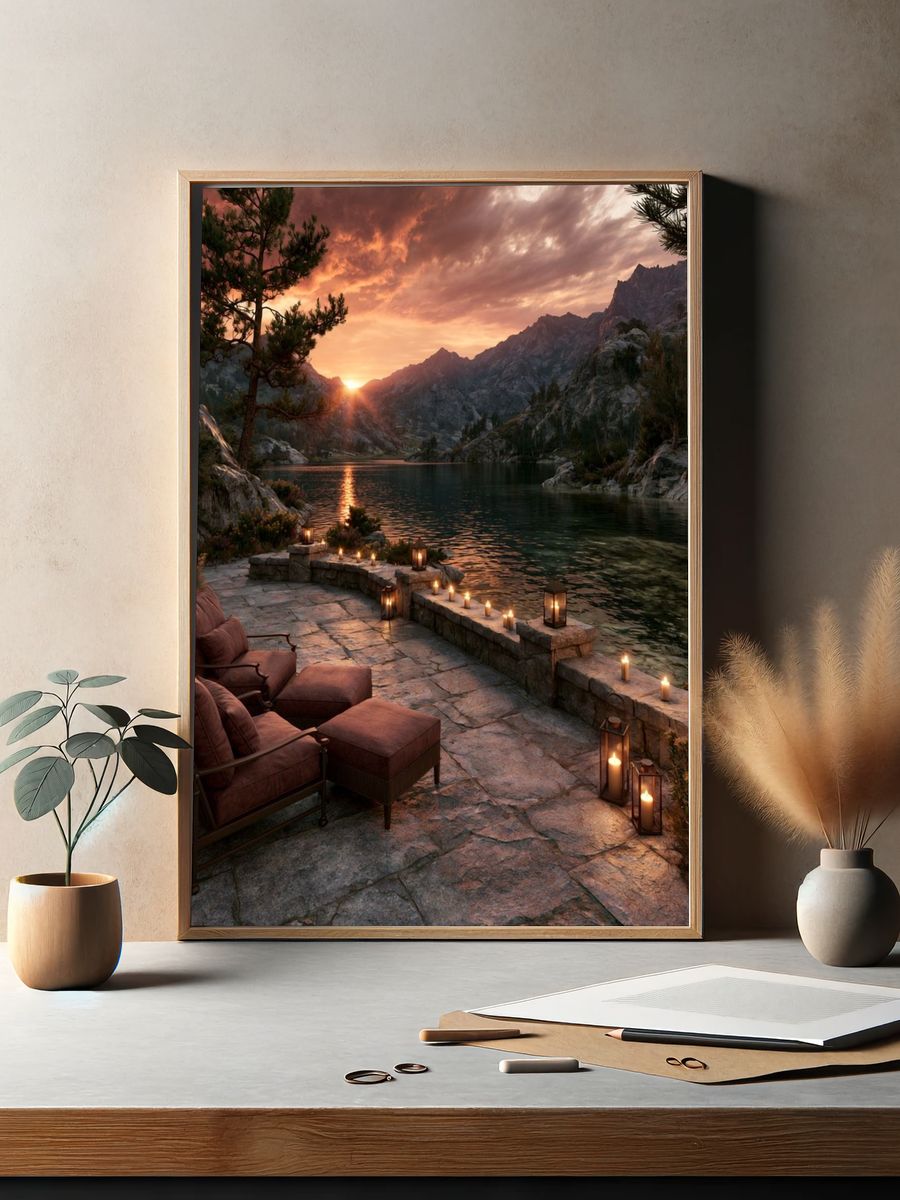 Sunset Mountain Lake Photography Poster. — room view 2