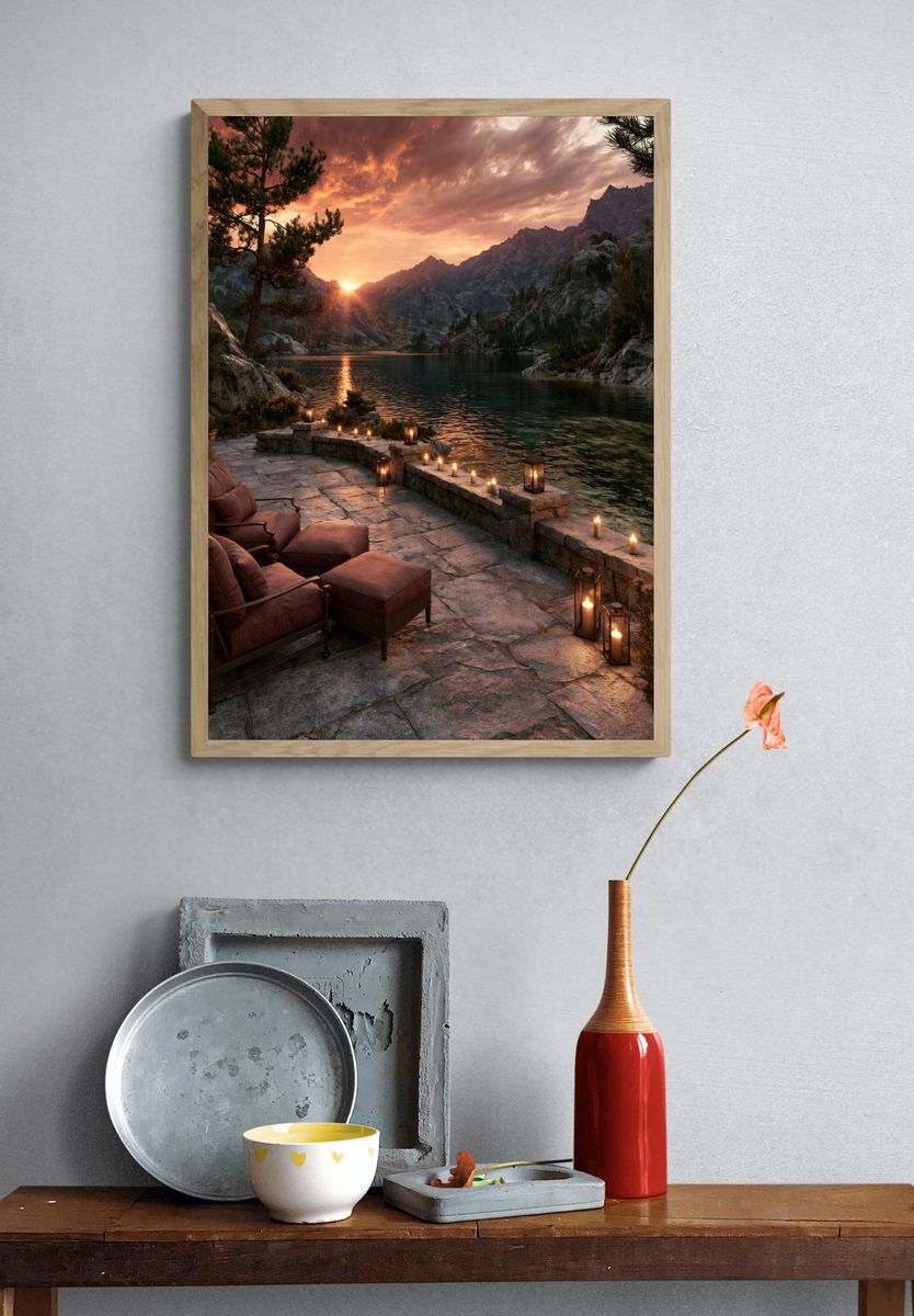 Sunset Mountain Lake Photography Poster. — room view 3