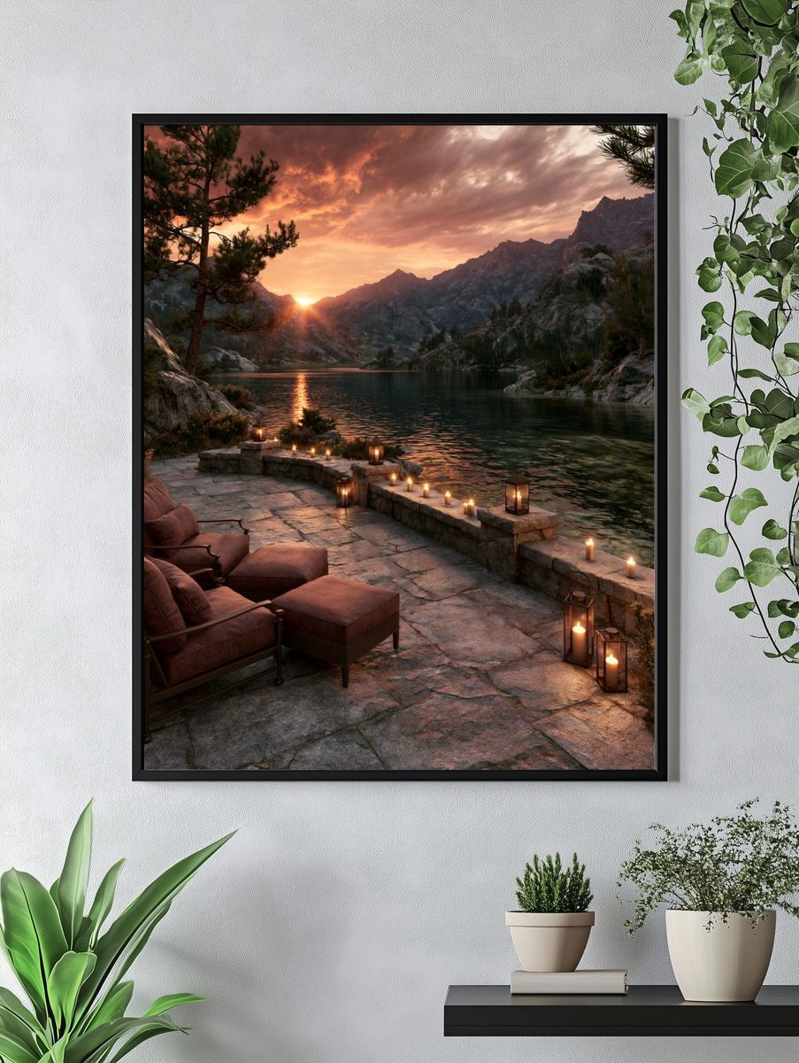 Sunset Mountain Lake Photography Poster. — room view 4