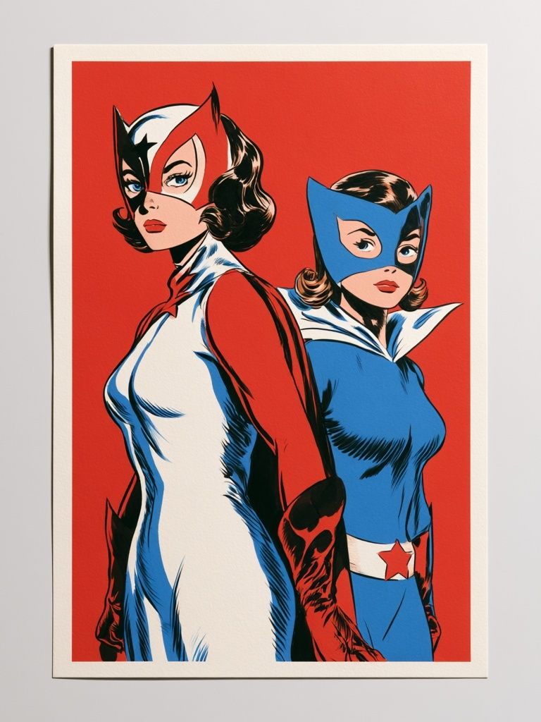 Retro Superhero Duo Pop-Art Poster. poster detail