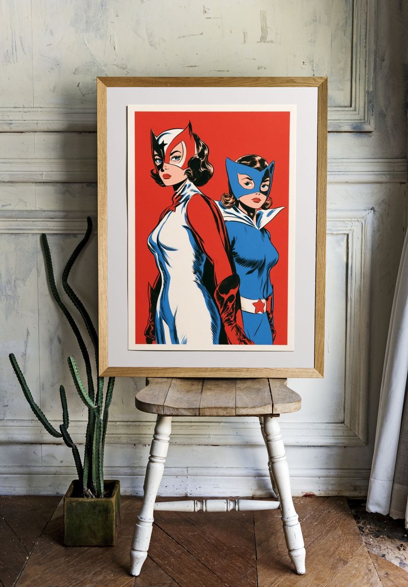 Retro Superhero Duo Pop-Art Poster. room preview