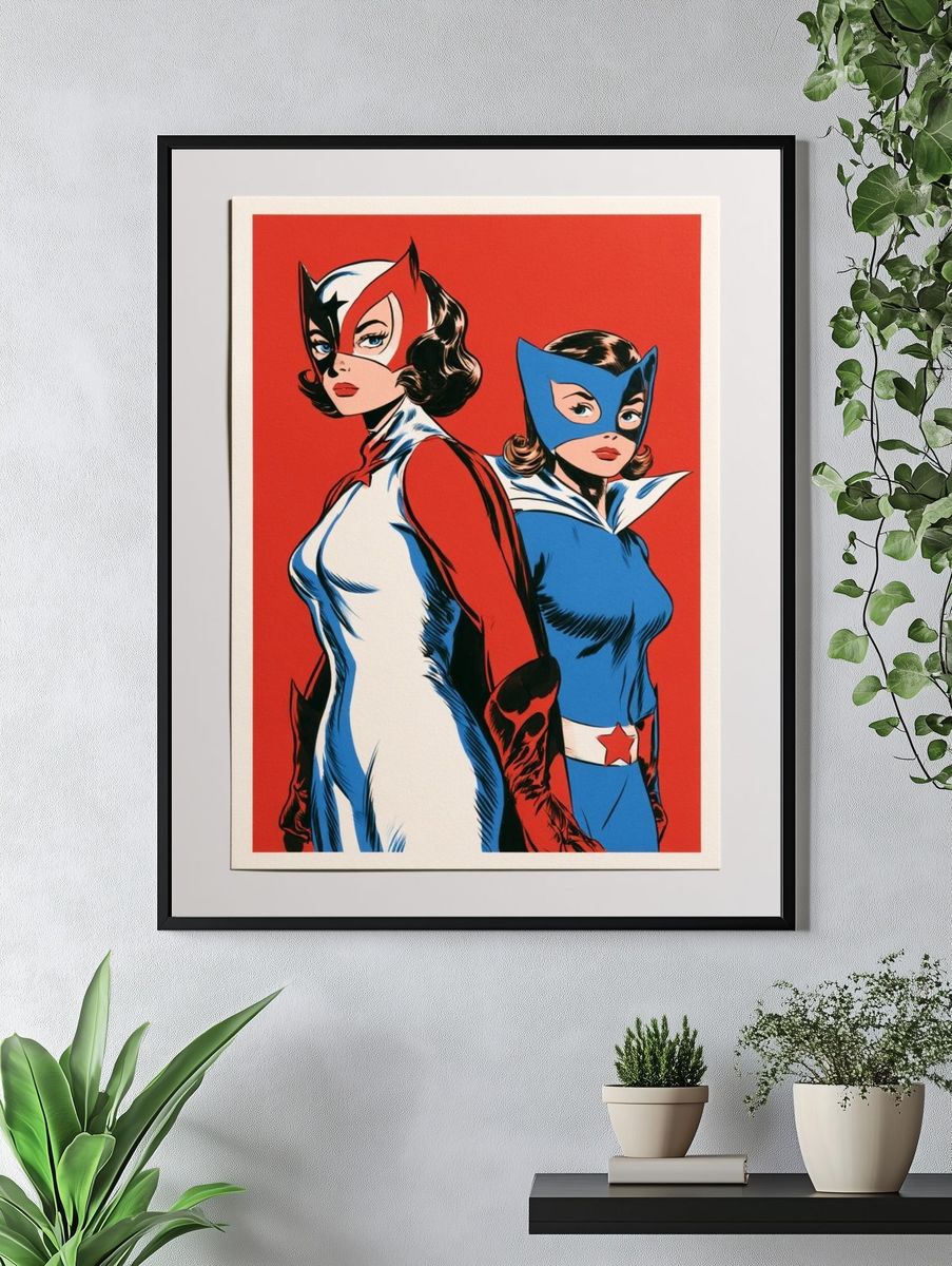 Retro Superhero Duo Pop-Art Poster. — room view 4