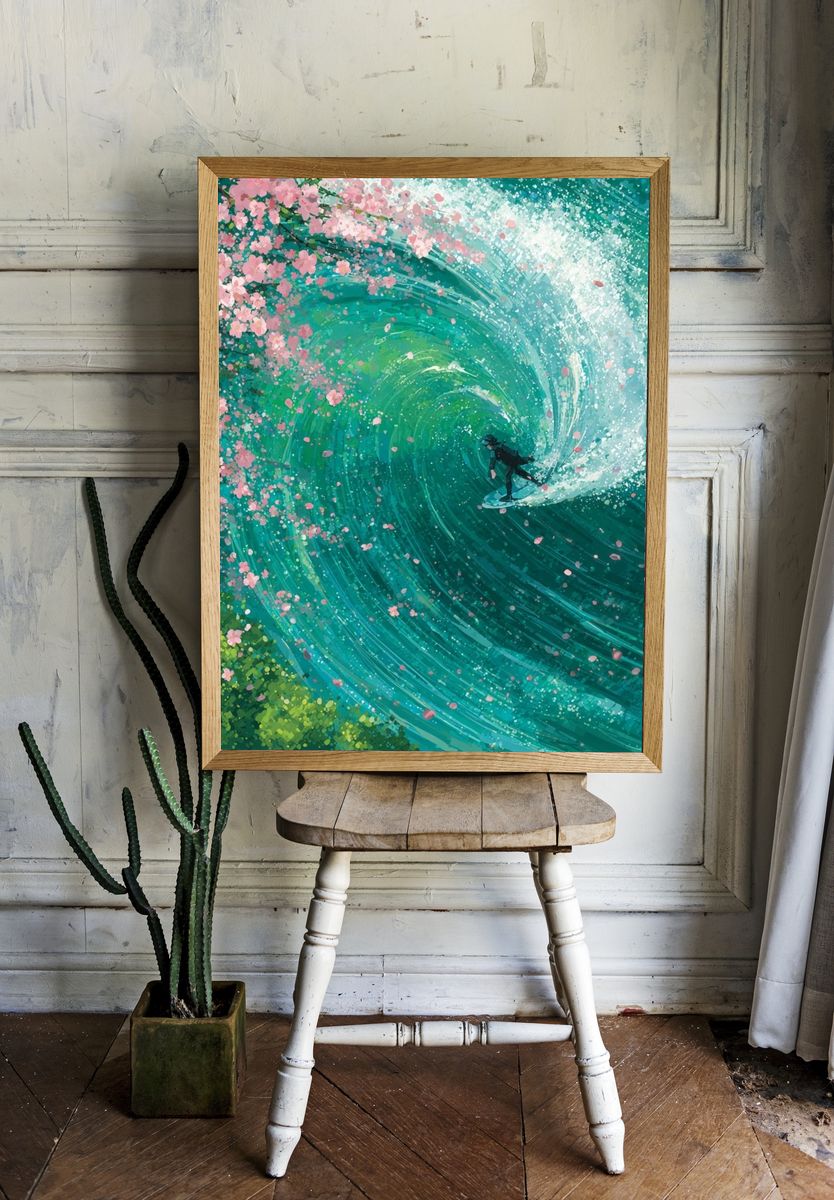 Surfer in Cherry Blossom Wave — Illustration Print. — room view 1