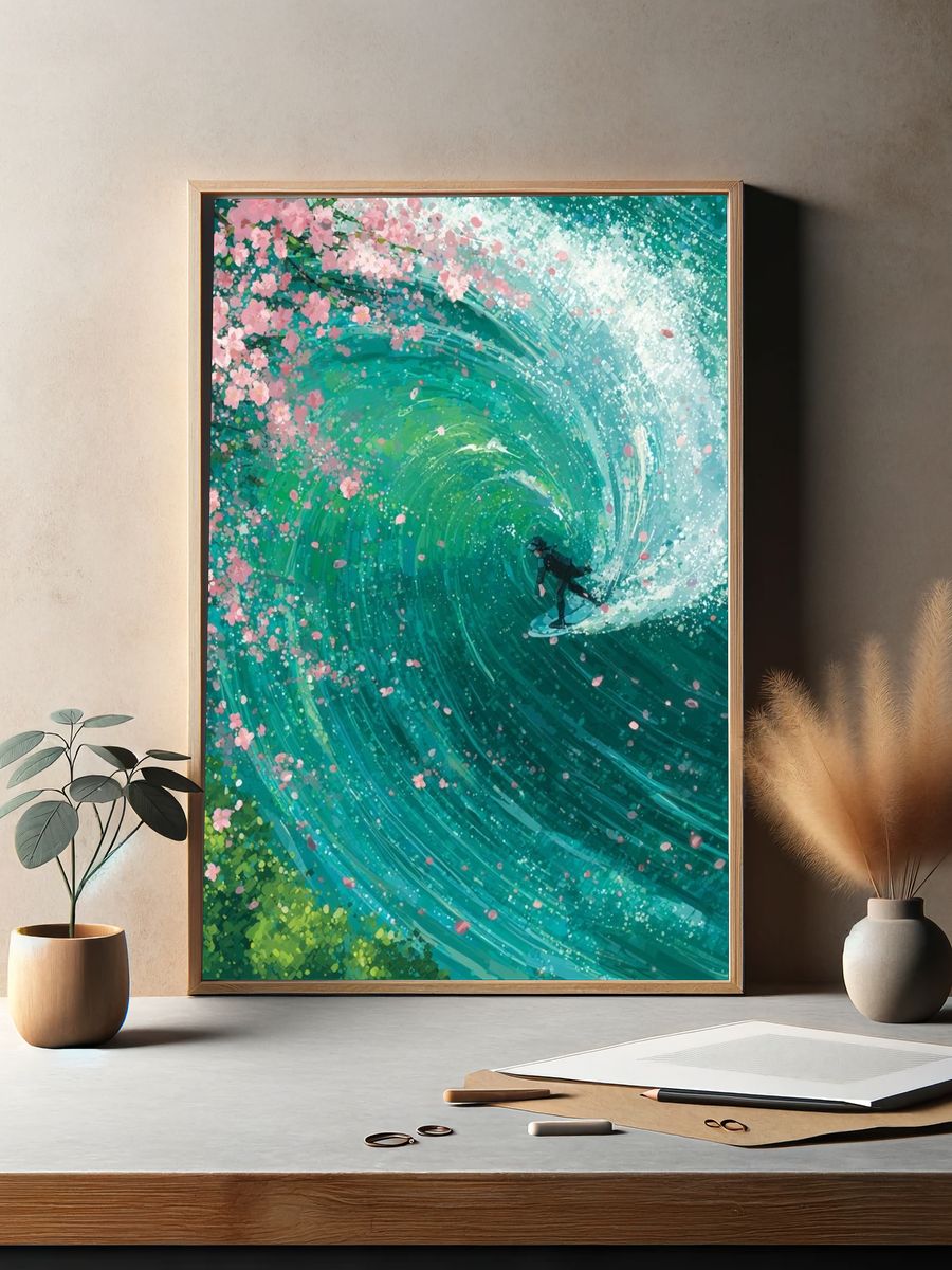 Surfer in Cherry Blossom Wave — Illustration Print. — room view 2