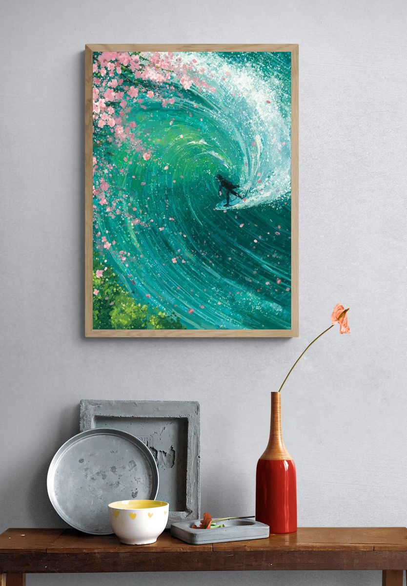 Surfer in Cherry Blossom Wave — Illustration Print. — room view 3