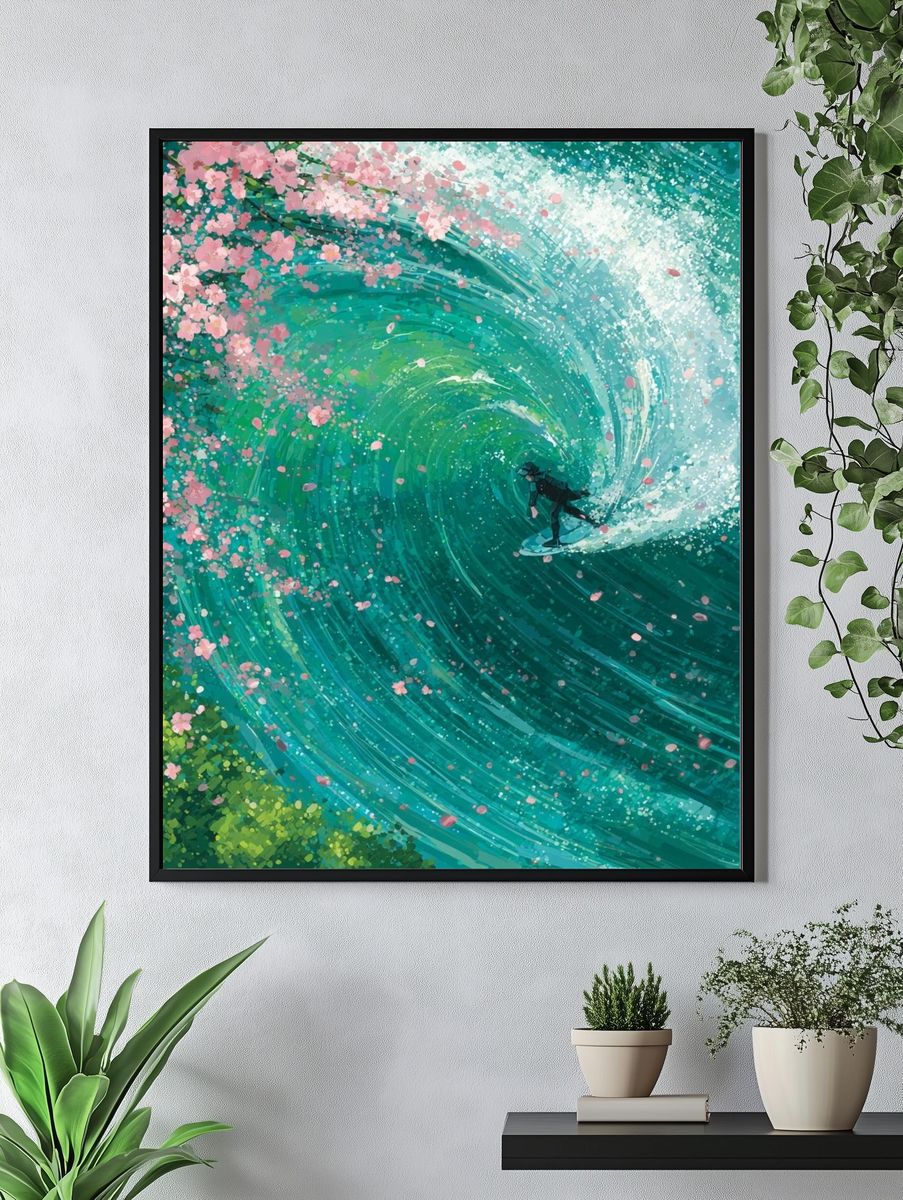 Surfer in Cherry Blossom Wave — Illustration Print. — room view 4