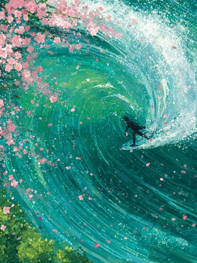 Surfer in Cherry Blossom Wave — Illustration Print. poster print