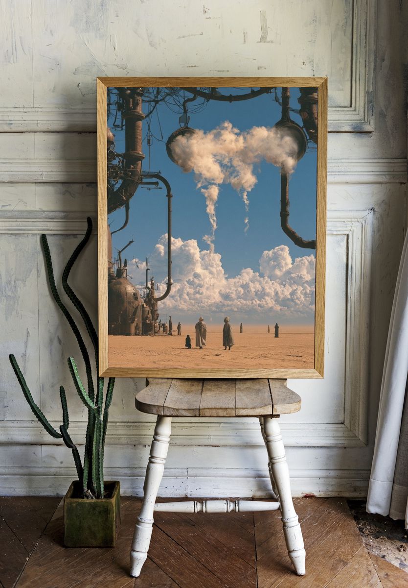 Surreal Desert Industrial Landscape Print. room preview
