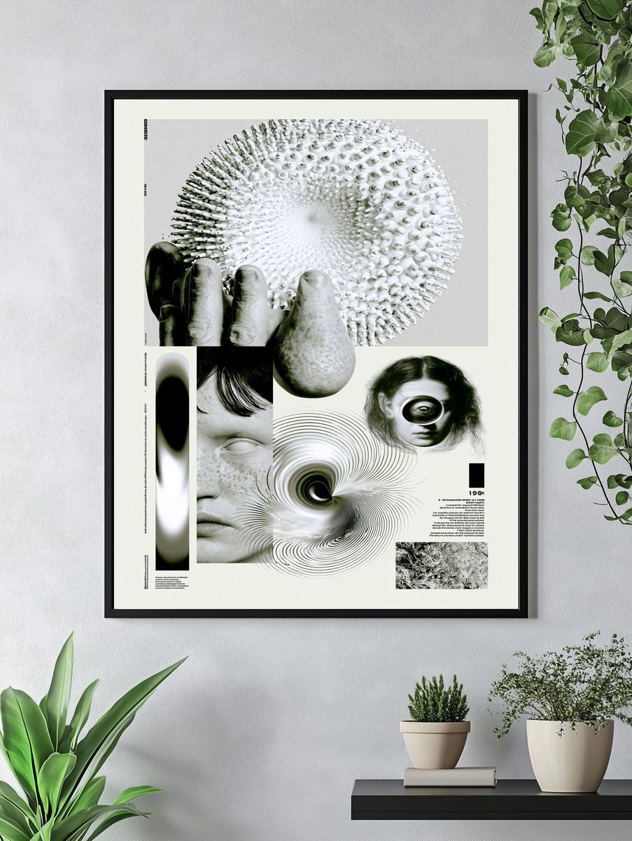 Surreal Monochrome Collage Poster. — room view 4