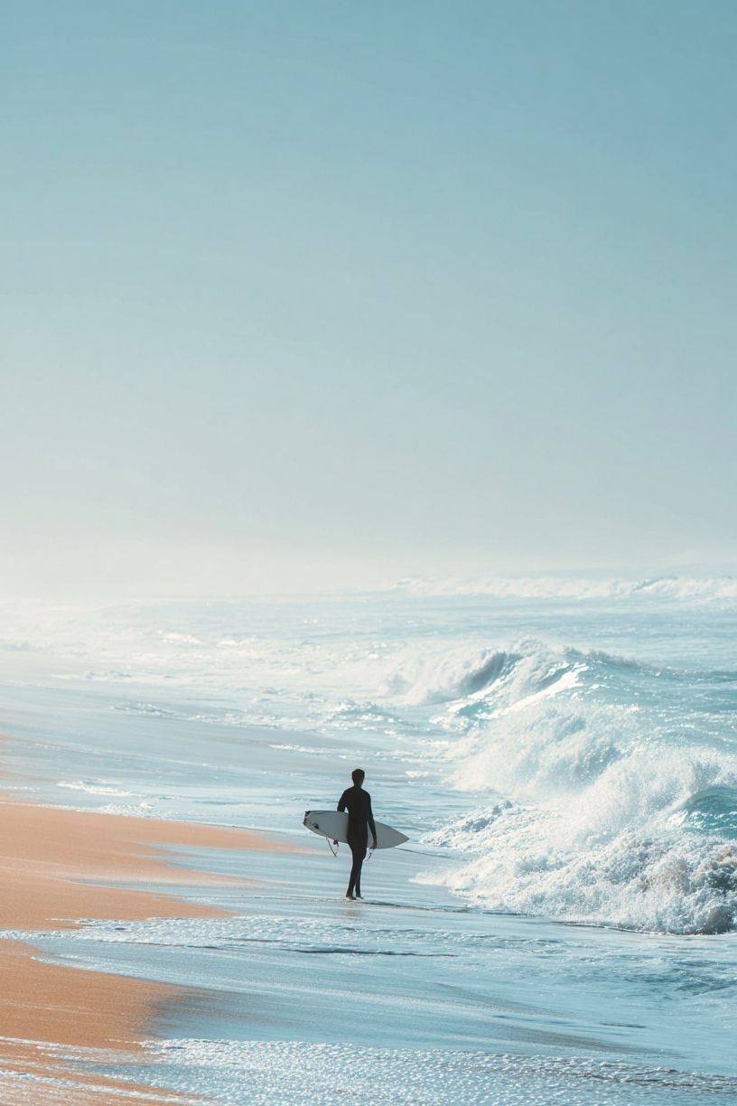Surfer on Misty Shore Photography Poster. poster detail