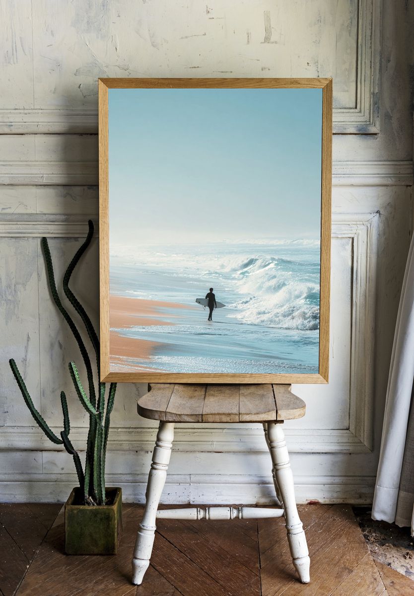 Surfer on Misty Shore Photography Poster. — room view 1