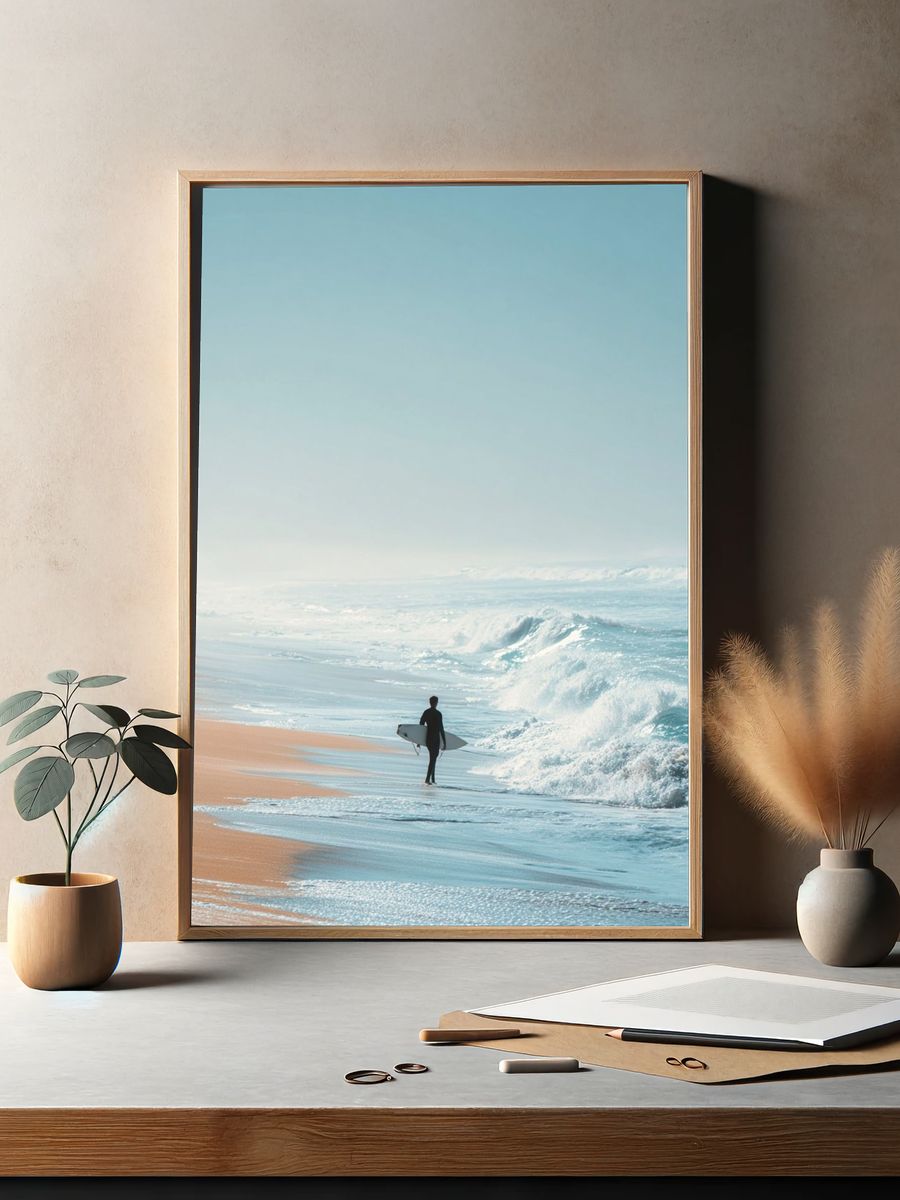 Surfer on Misty Shore Photography Poster. — room view 2