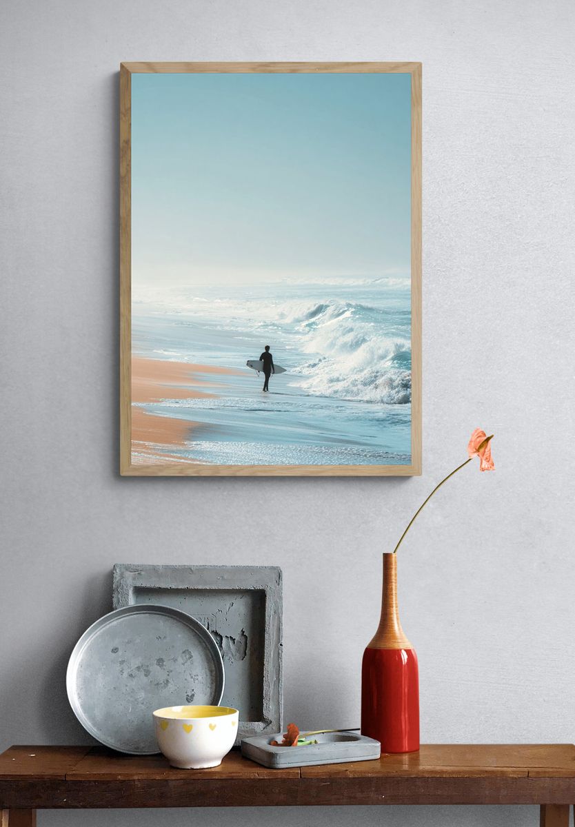 Surfer on Misty Shore Photography Poster. — room view 3