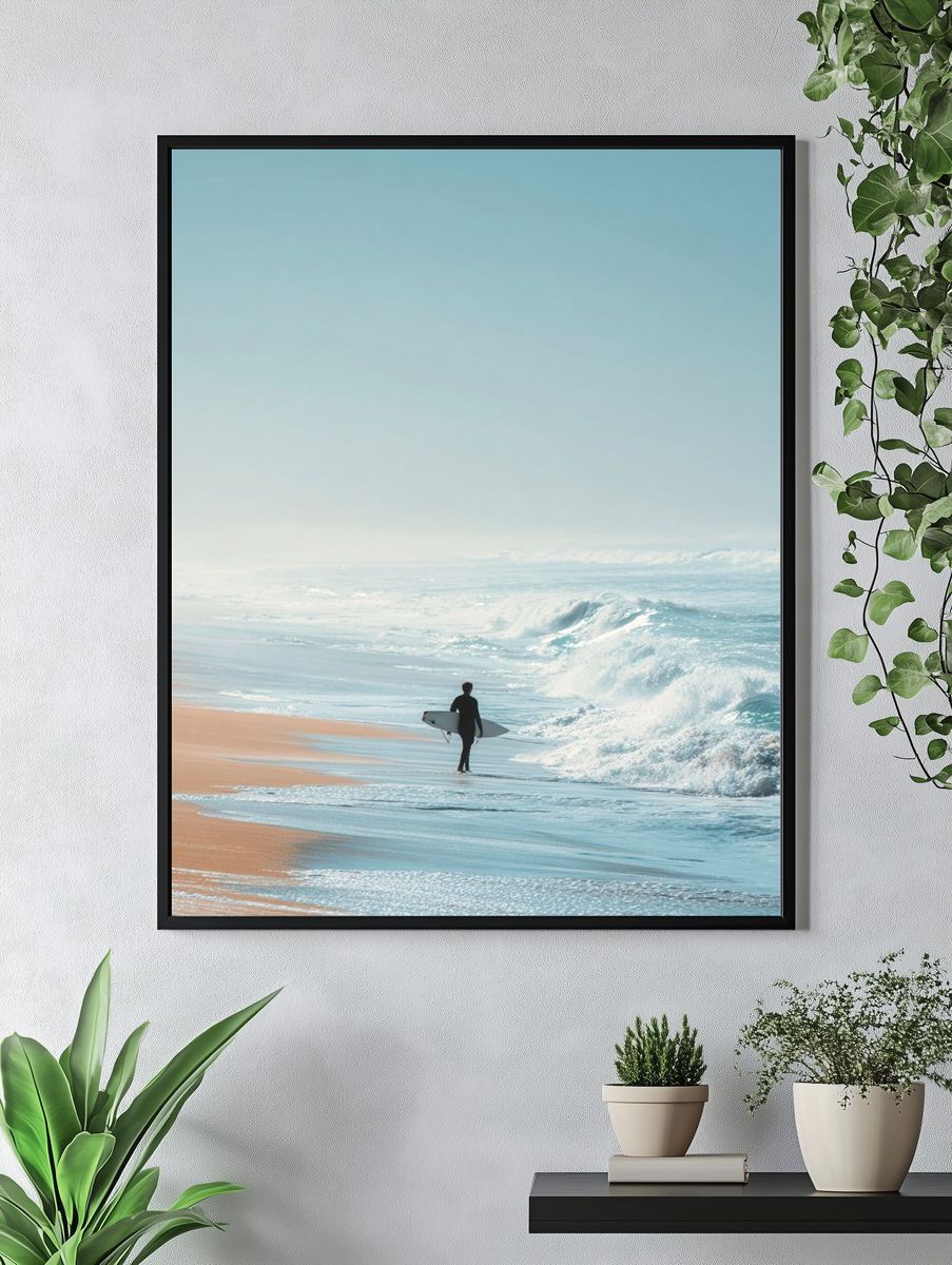 Surfer on Misty Shore Photography Poster. — room view 4