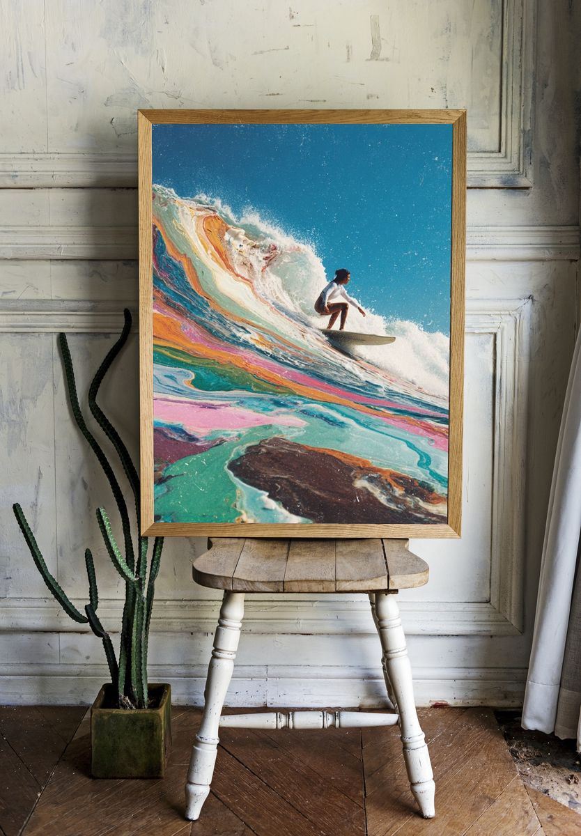 Surfer Riding Colorful Wave Poster. — room view 1