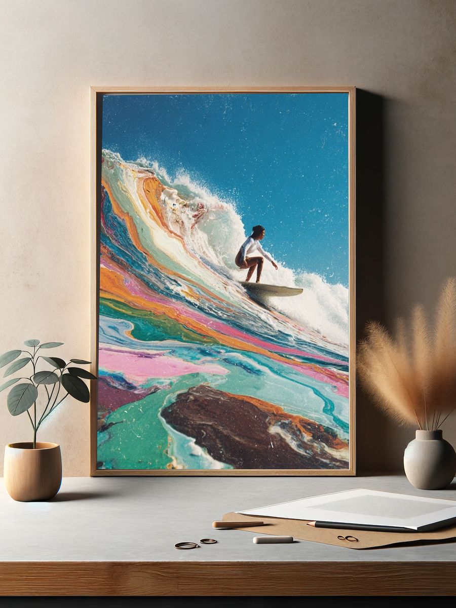 Surfer Riding Colorful Wave Poster. — room view 2