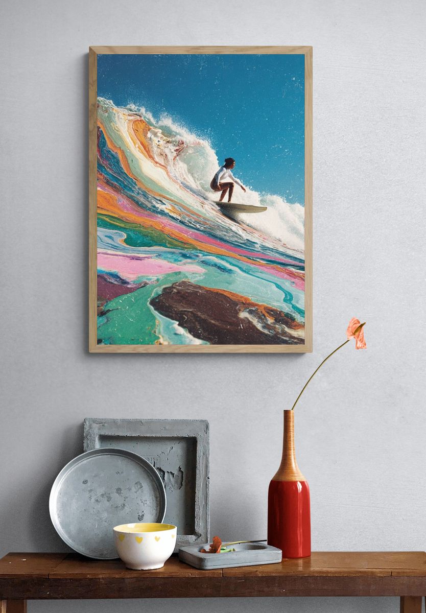 Surfer Riding Colorful Wave Poster. — room view 3