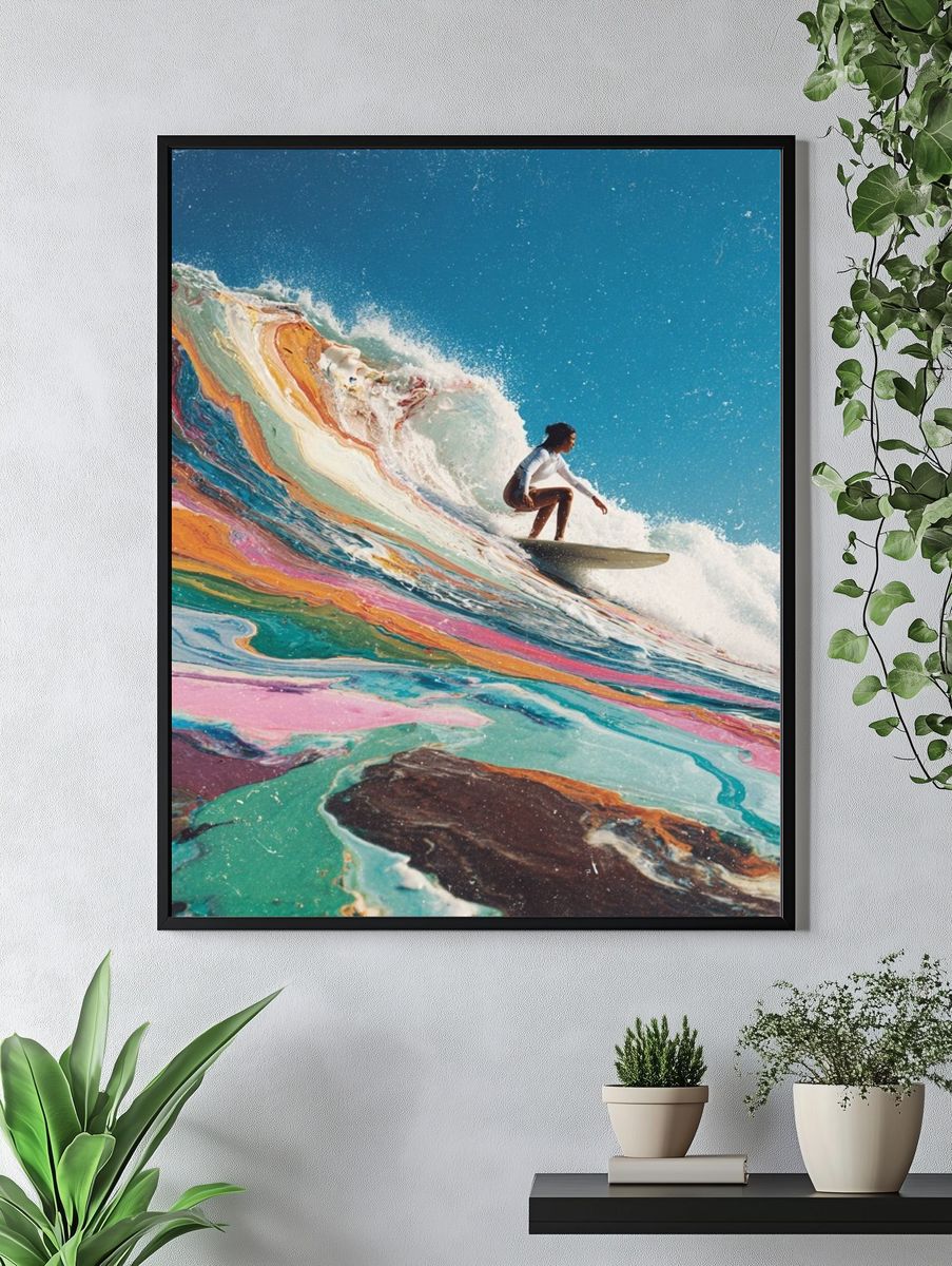 Surfer Riding Colorful Wave Poster. — room view 4