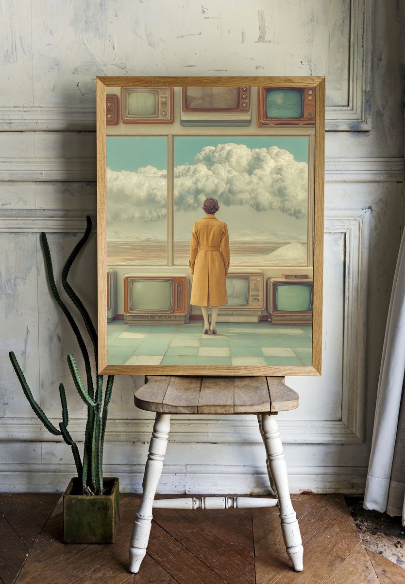 Surreal Woman and TVs Print. — room view 1
