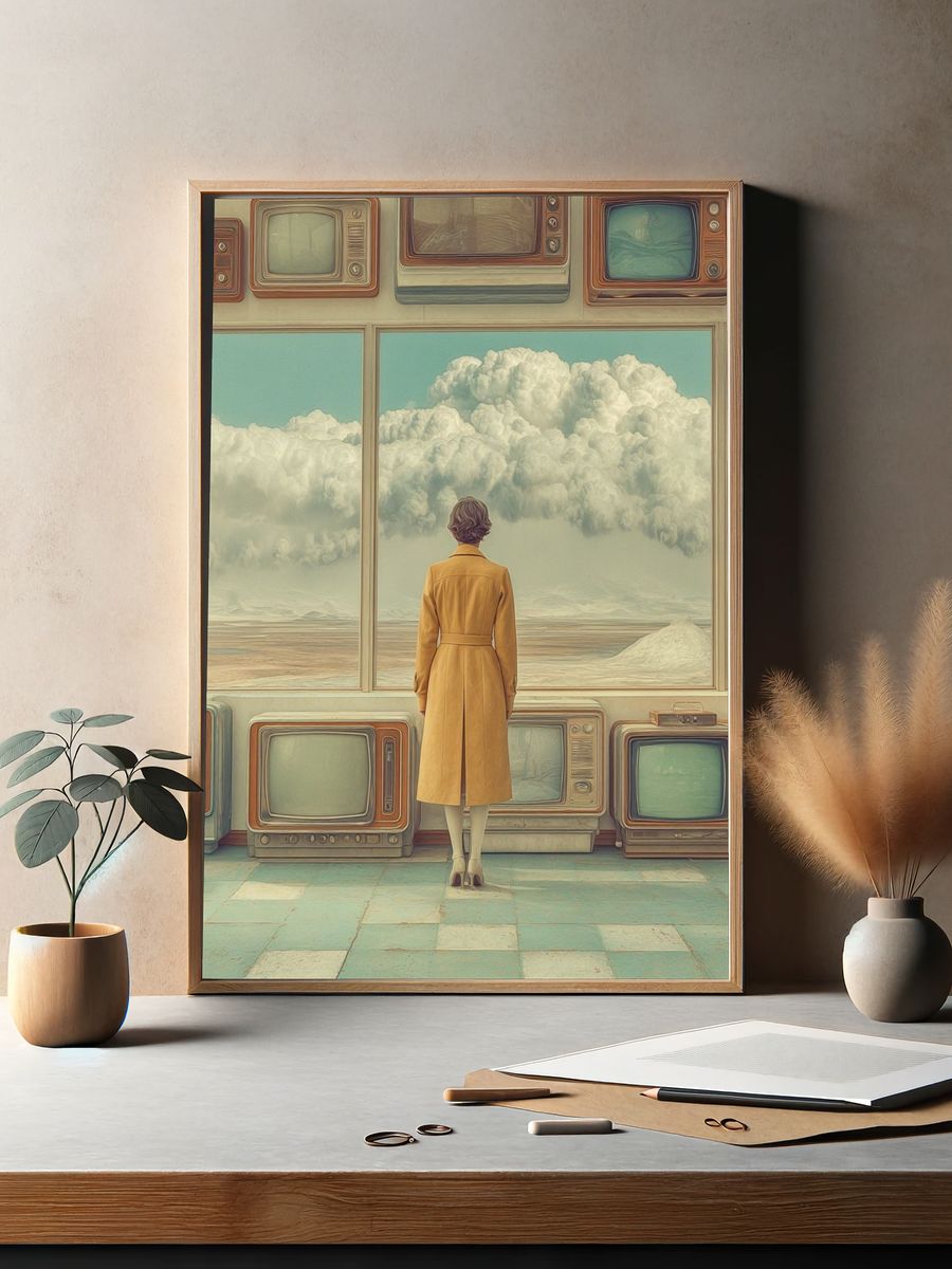 Surreal Woman and TVs Print. — room view 2