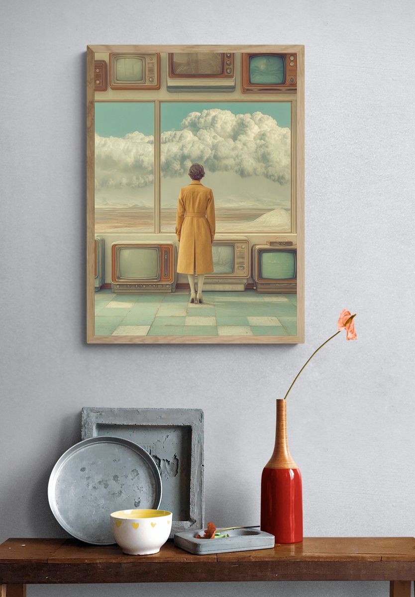 Surreal Woman and TVs Print. — room view 3