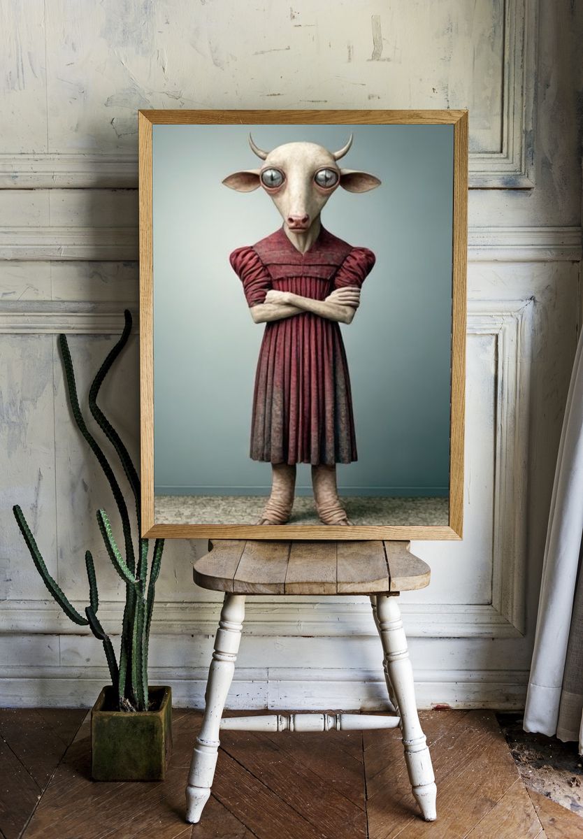 Surreal Bull Portrait Print. room preview