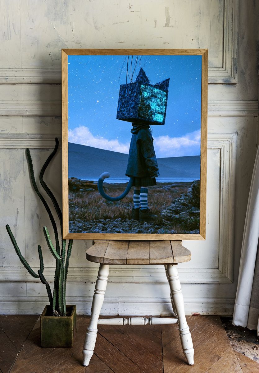 Surreal Blue Figure Print. room preview