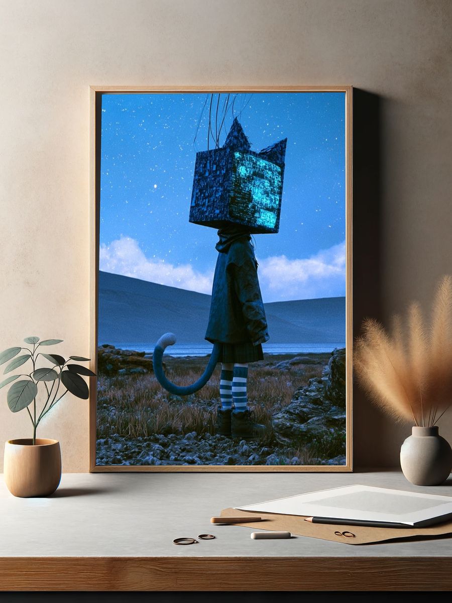 Surreal Blue Figure Print. — room view 2