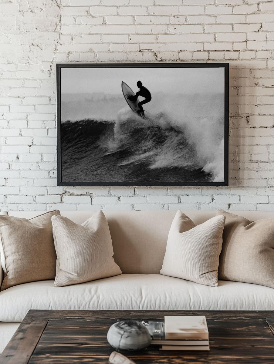 black white photo surfer catching. — room view 1