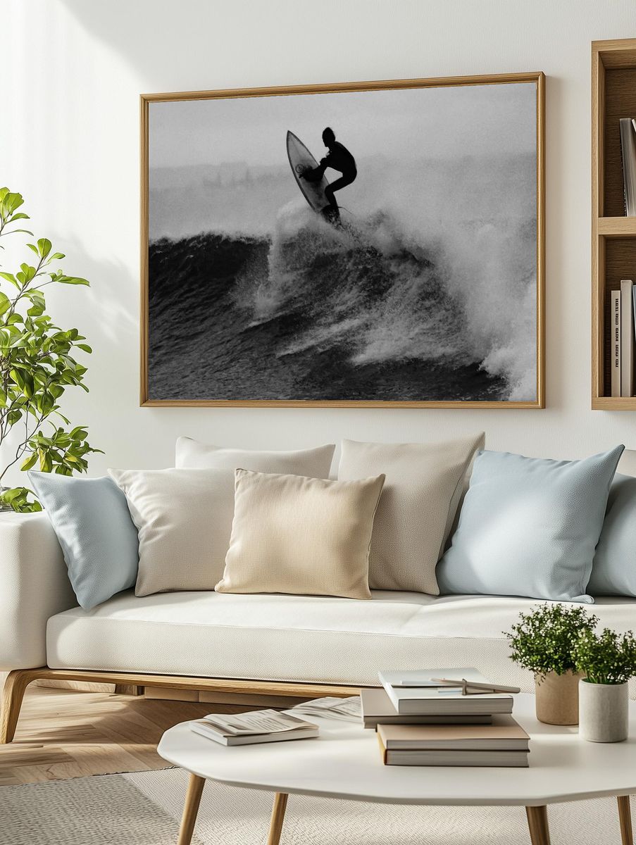 black white photo surfer catching. — room view 2