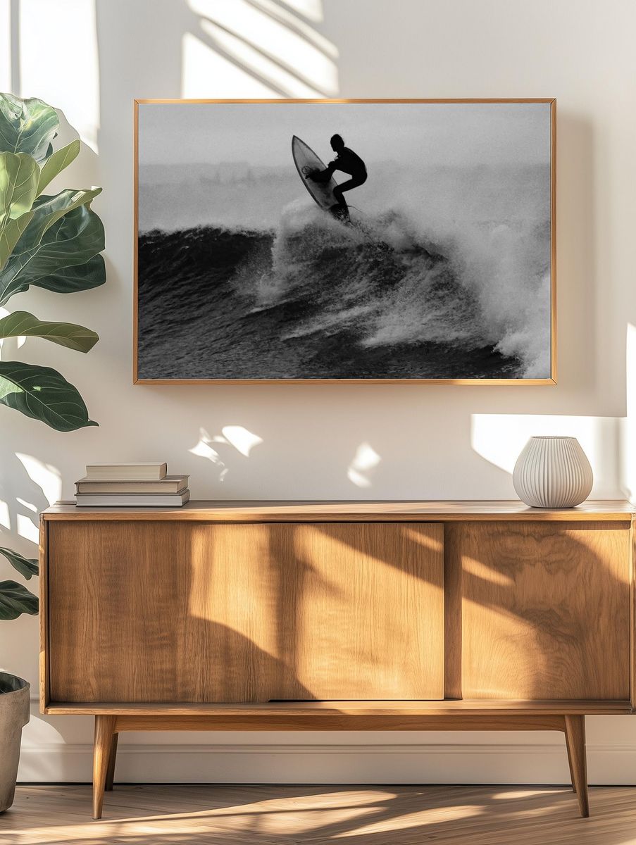 black white photo surfer catching. — room view 3