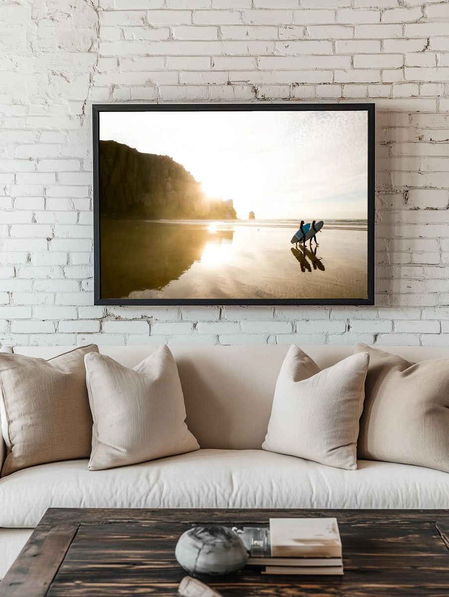 Surfers at Sunset — Photography Print. — room view 1