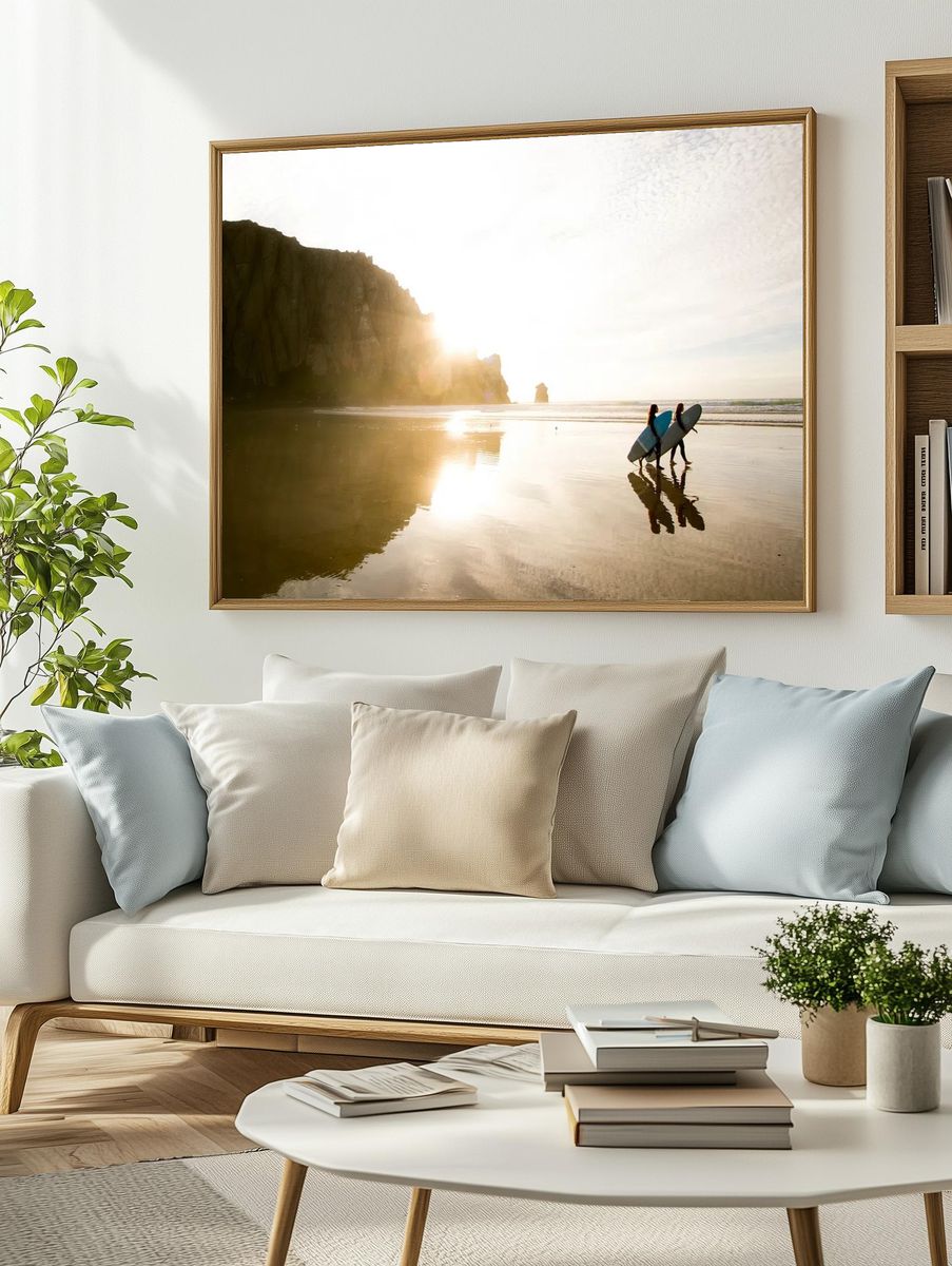 Surfers at Sunset — Photography Print. — room view 2