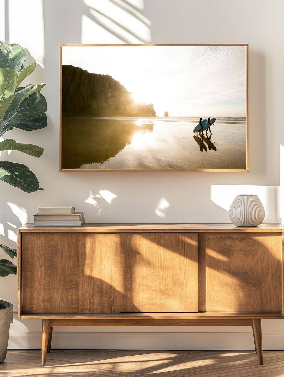 Surfers at Sunset — Photography Print. — room view 3