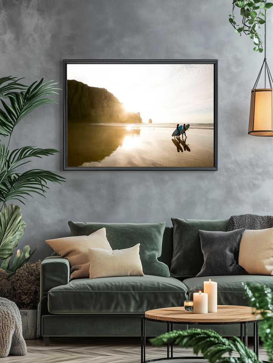 Surfers at Sunset — Photography Print. — room view 4