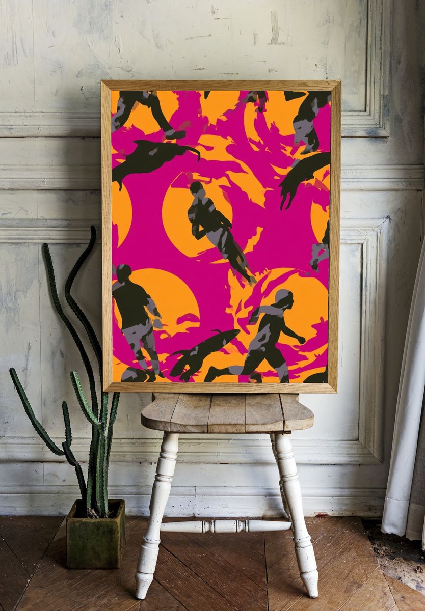 Surfer Silhouettes Pop Art Poster. room preview