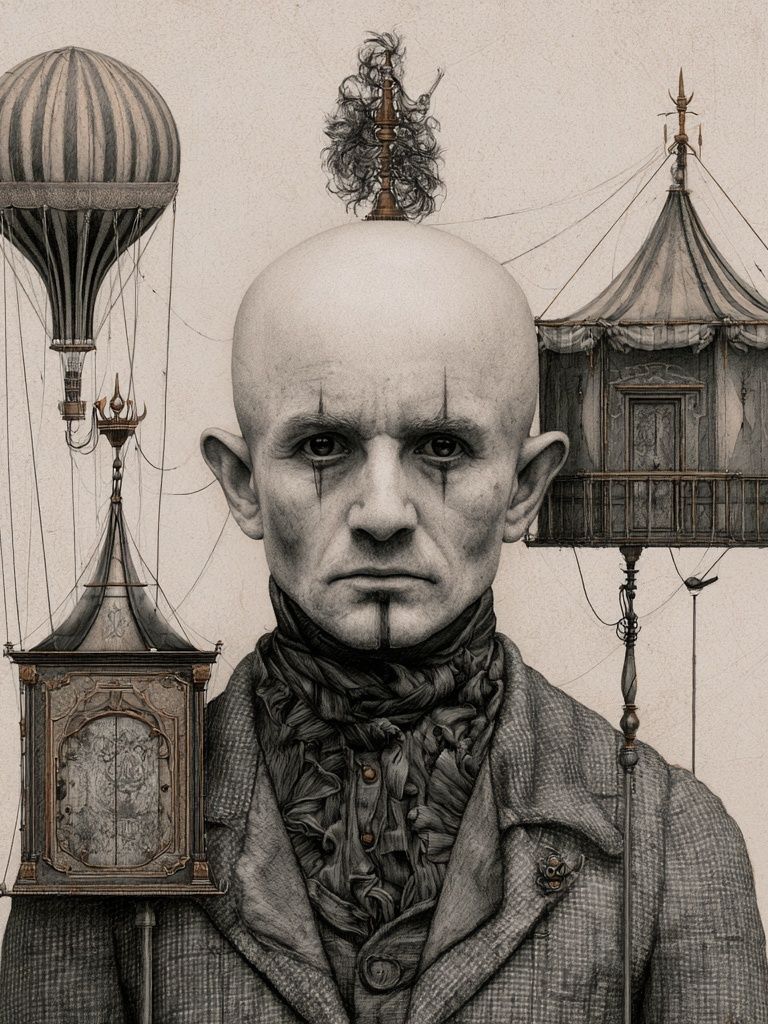 Surreal Portrait with Floating Carriages Print. poster — illustration art