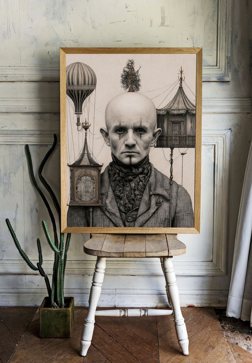 Surreal Portrait with Floating Carriages Print. room preview