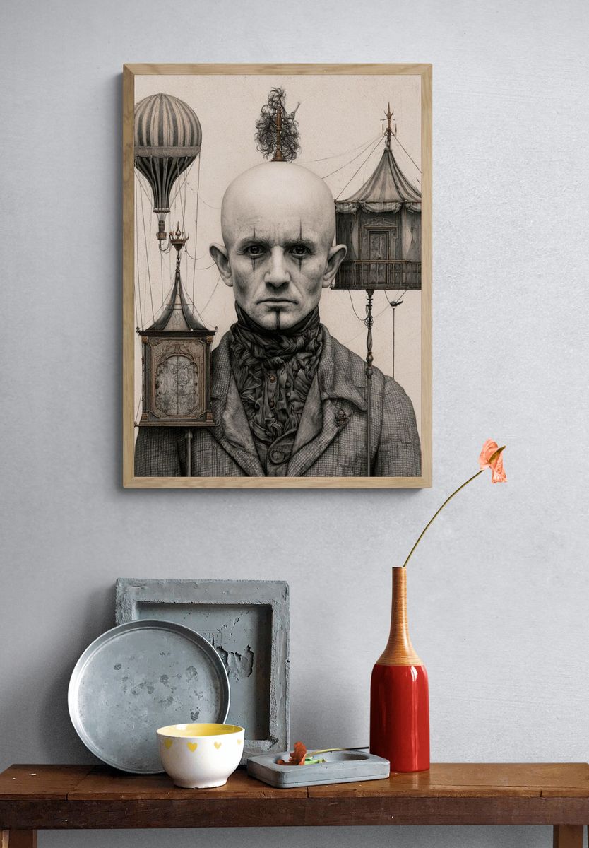 Surreal Portrait with Floating Carriages Print. — room view 3