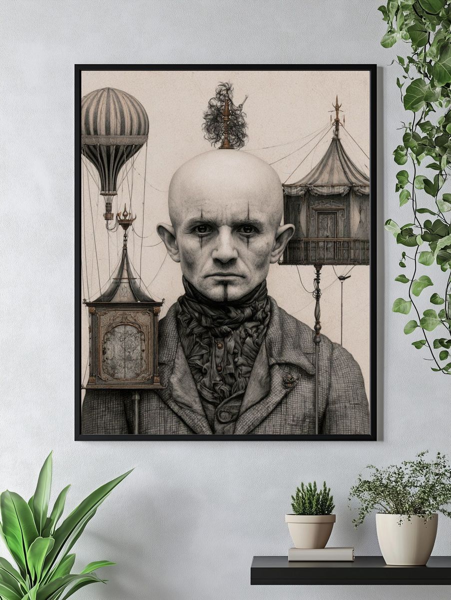 Surreal Portrait with Floating Carriages Print. — room view 4