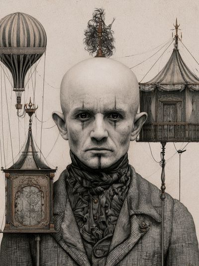 Surreal Portrait with Floating Carriages Print.