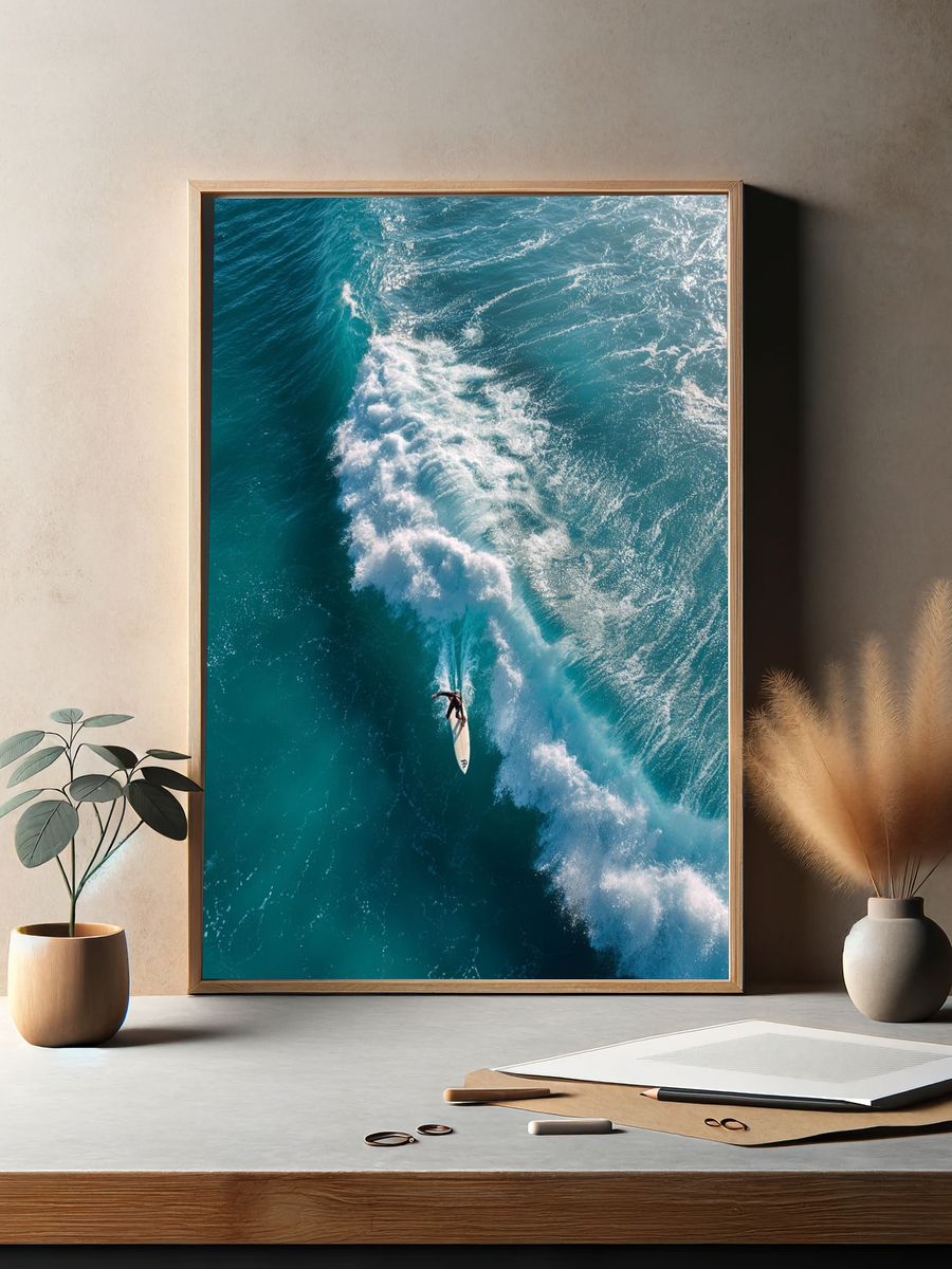 Surfer on Turquoise Wave Photography Poster. — room view 2