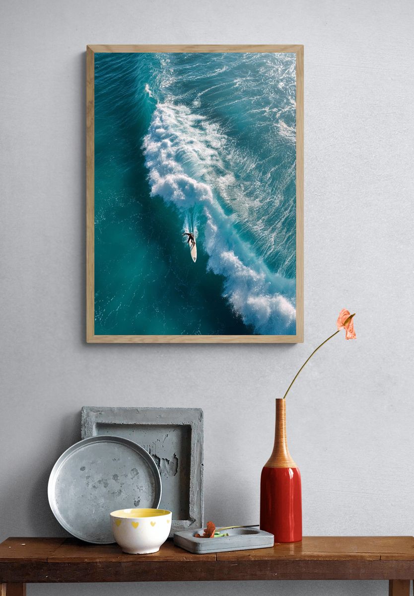 Surfer on Turquoise Wave Photography Poster. — room view 3
