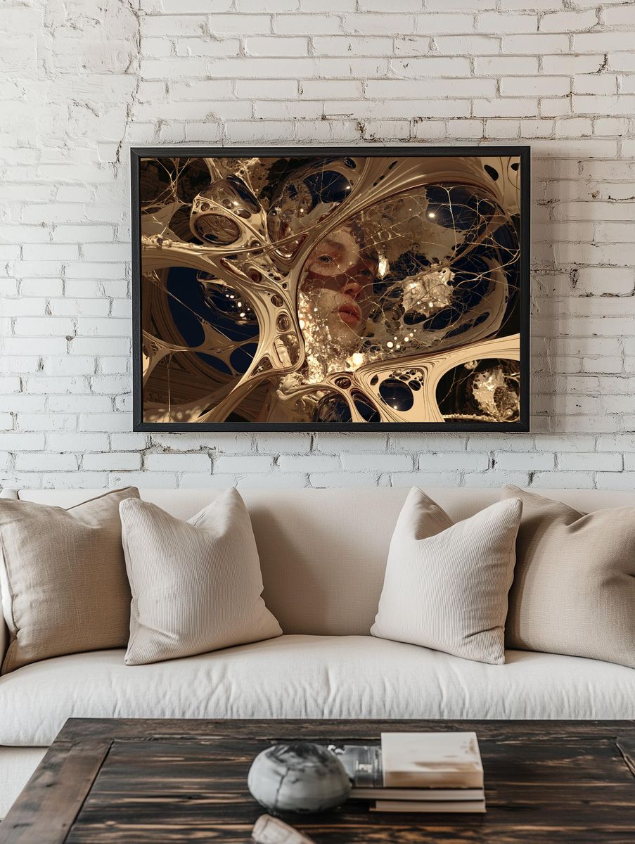 Surreal Golden Face Abstract Print. room preview