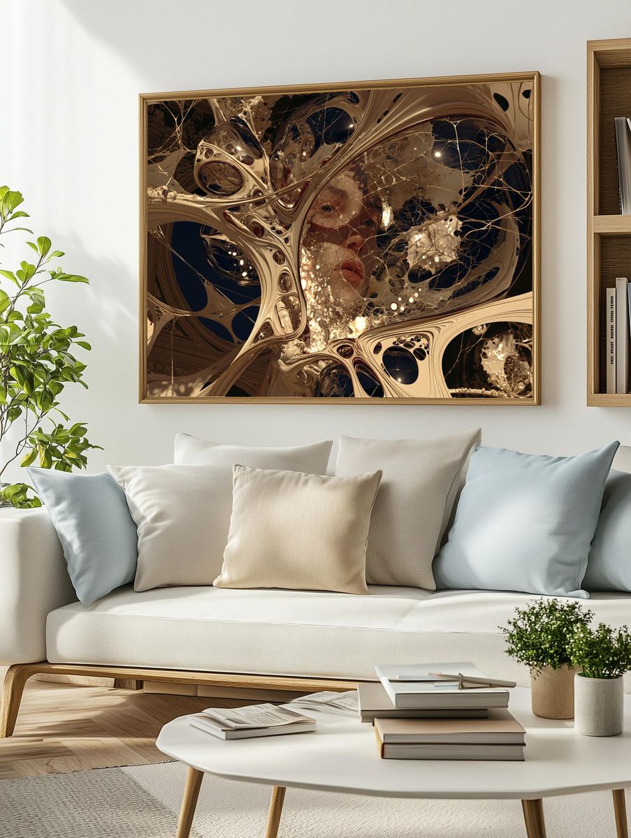 Surreal Golden Face Abstract Print. — room view 2