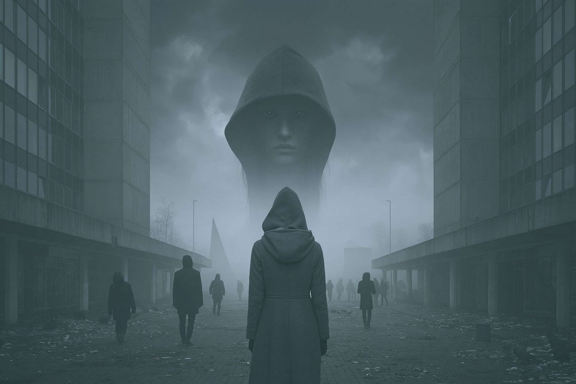 Foggy Hooded Figure Surrealism Print. poster detail