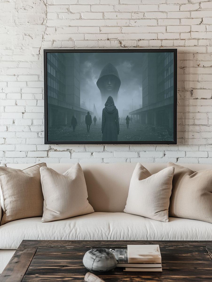 Foggy Hooded Figure Surrealism Print. room preview