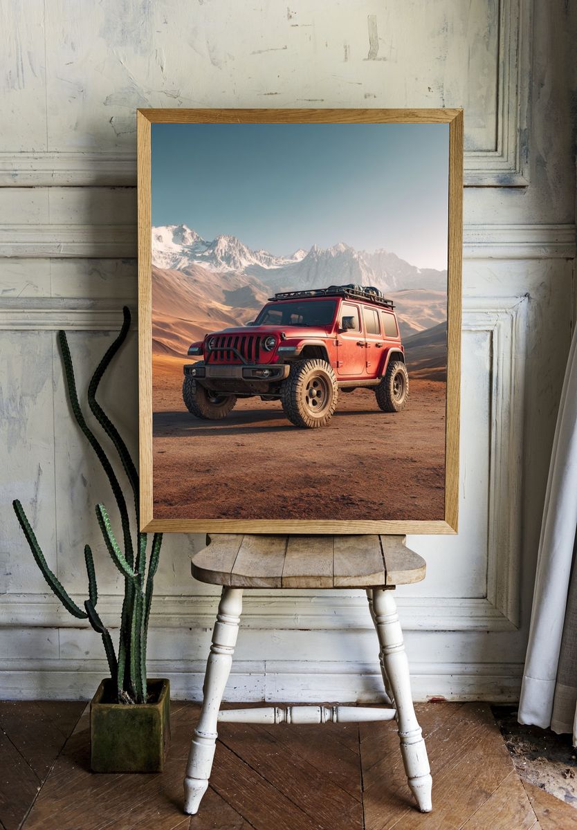Red Off-Road SUV in Desert Landscape Poster. — room view 1